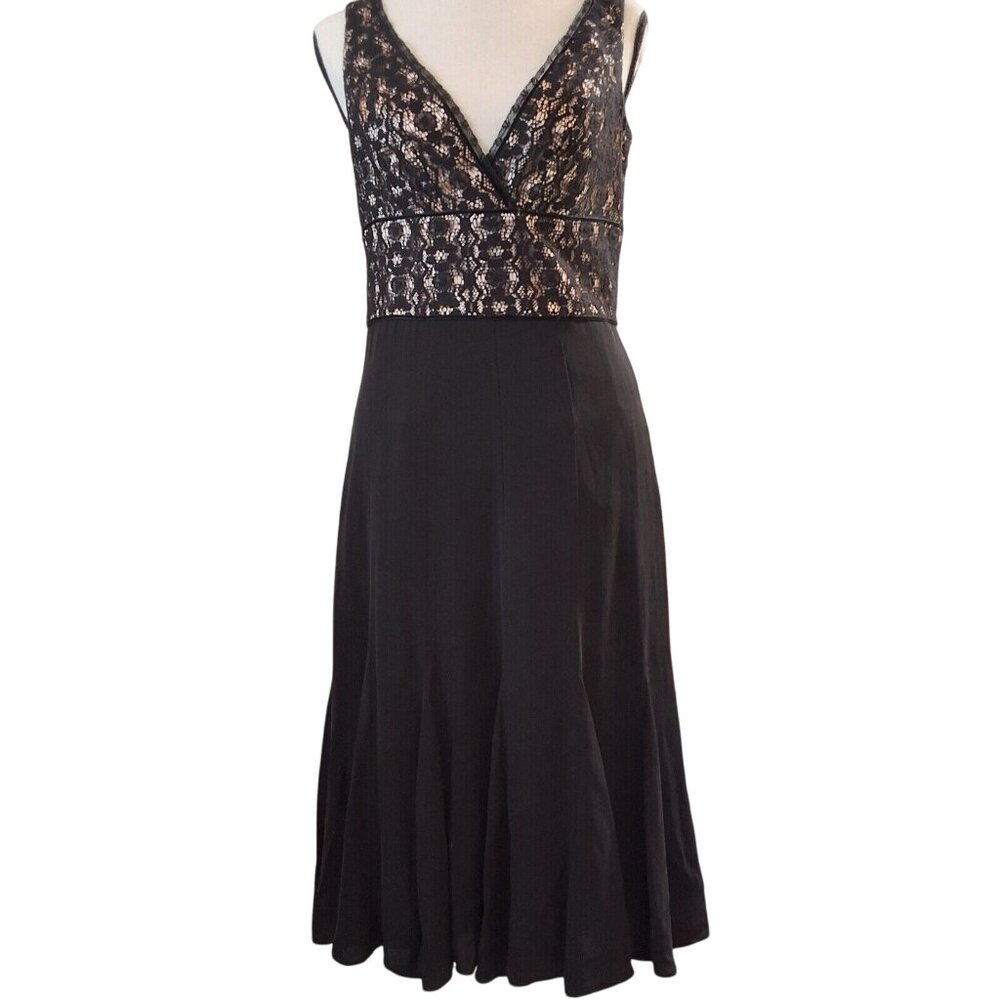 Tahari Black Champagne Cocktail Lace Crochet Ruffle 100% Silk Dress Sz 2 Formal